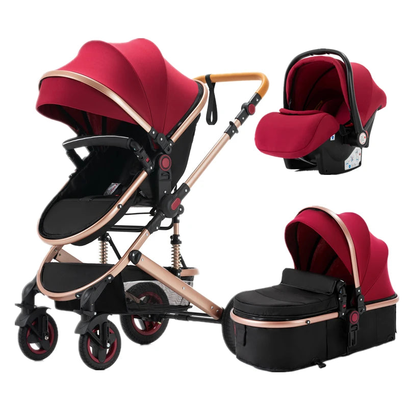 kombivagn 3 set barnvagn i röd och svart med smidig och enhetlig design, multifunktionell och justerbara delar, för nyblivna föräldrar och barn.