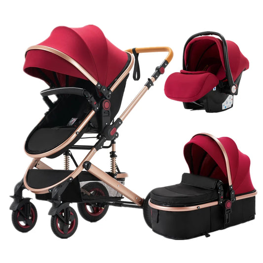 kombivagn 3 set barnvagn i röd och svart med smidig och enhetlig design, multifunktionell och justerbara delar, för nyblivna föräldrar och barn.