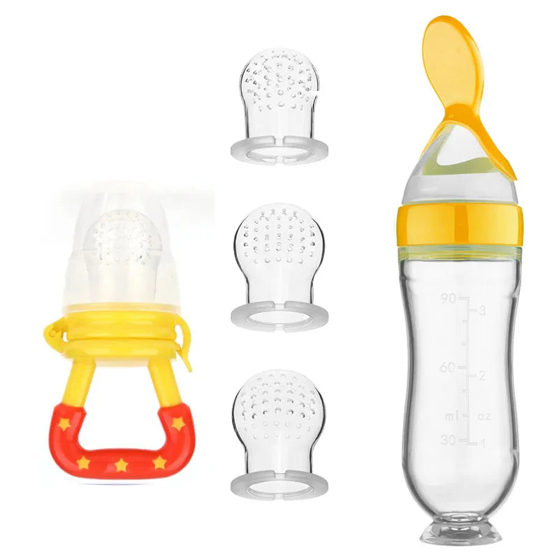 Gul baby feeding bottle spoon set med silikonmatningssked och extra nappar, idealisk för nyfödd matning. Praktisk och säker.