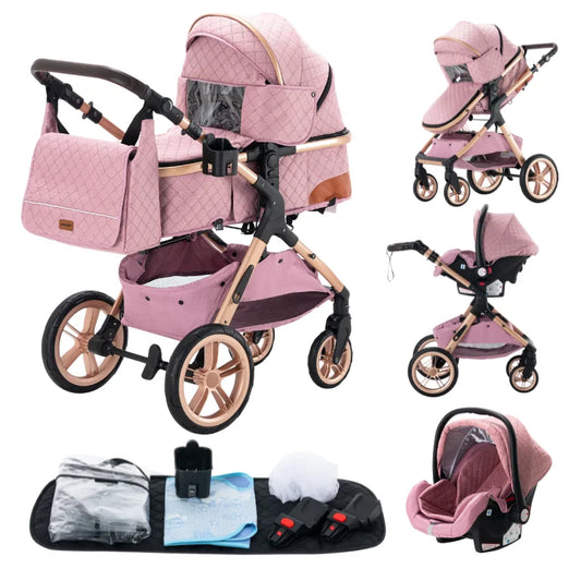 Elegant Puder Rosa 3-i-1 barnvagn med tillbehör