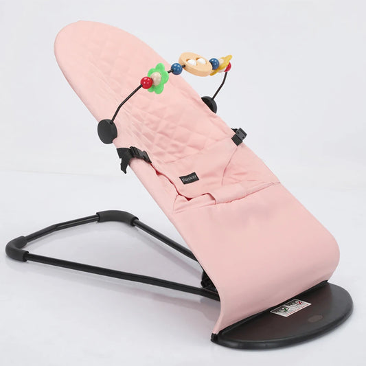 Rosa babysitter med ergonomisk design och aktivitetsleksak – perfekt för spädbarn.