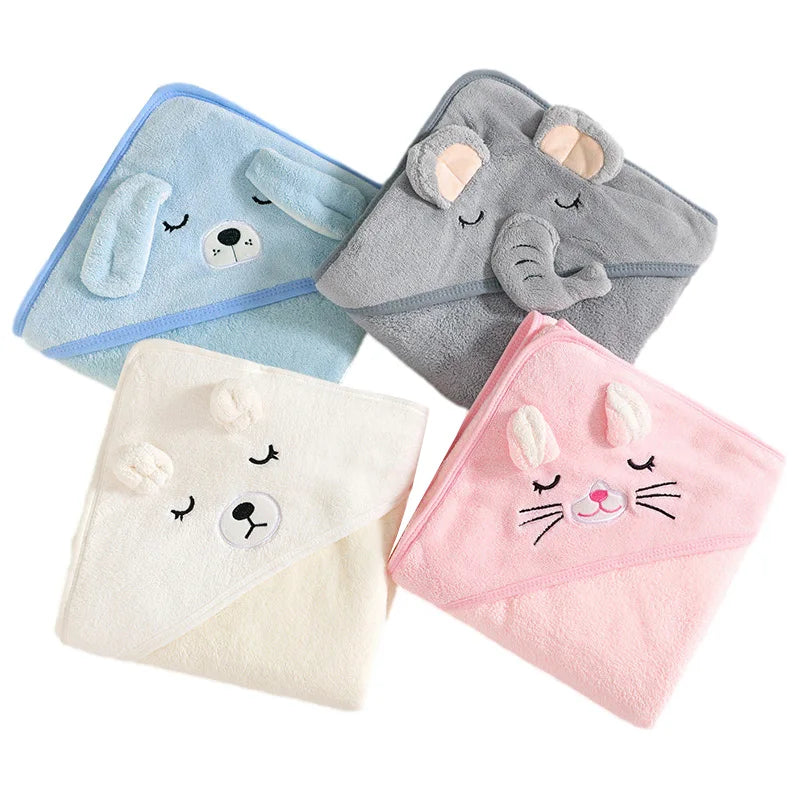 Hooded Babybadhandduk i rosa, vit, blå och grå, katt, björn, hund och elefant design.