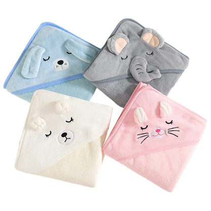 Hooded Babybadhandduk i rosa, vit, blå och grå, katt, björn, hund och elefant design.
