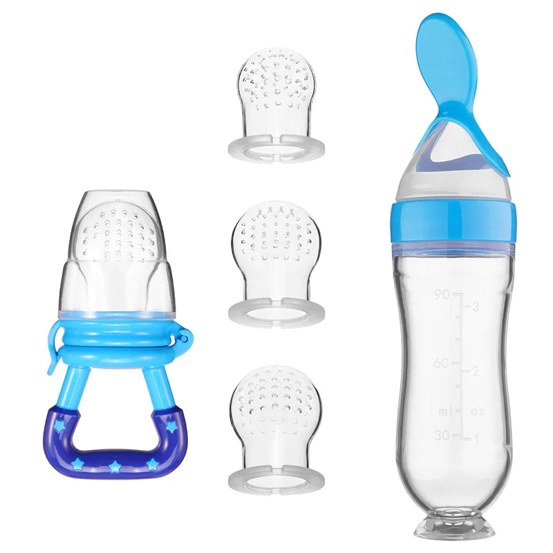 Blå baby feeding bottle spoon med silikonmatningssked och extra nappar, perfekt för nyfödda. Smidig och säker matning.