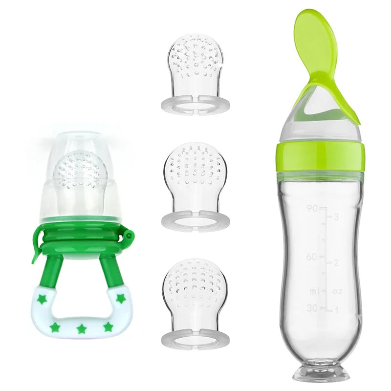 Grön baby feeding bottle spoon set med silikonmatningssked och extra nappar för nyfödda. Perfekt för nyfödd matträning.