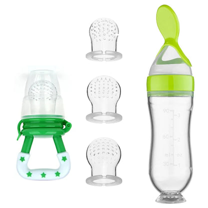 Grön baby feeding bottle spoon set med silikonmatningssked och extra nappar för nyfödda. Perfekt för nyfödd matträning.