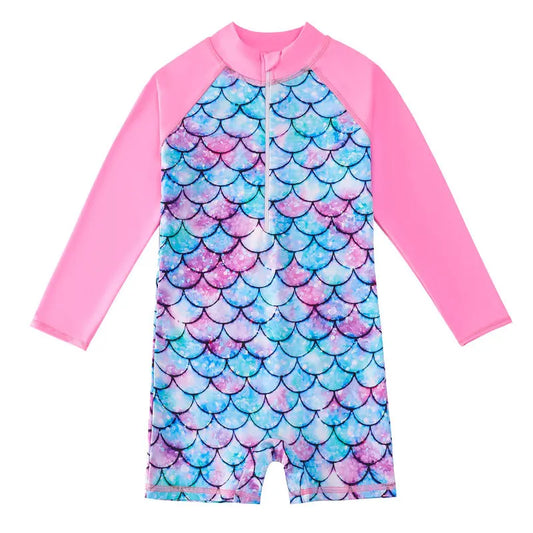 Rosa långärmad barnbaddräkt med mermaid mönster och UV-skydd.