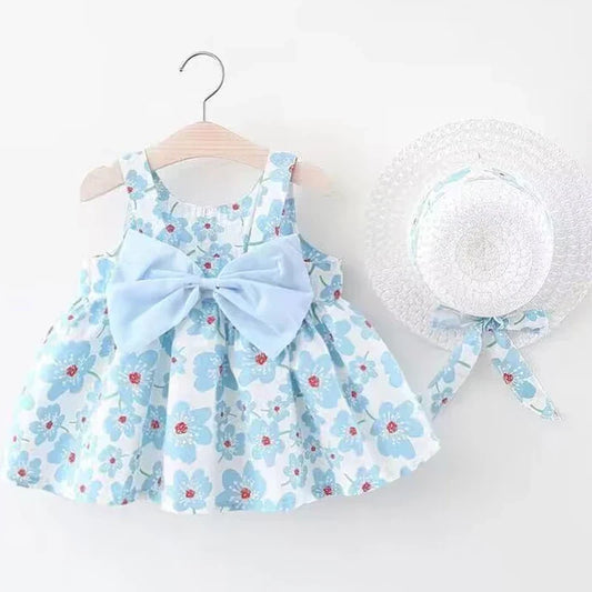 Blå blommig sommarklänning med rosett och hatt för flickor