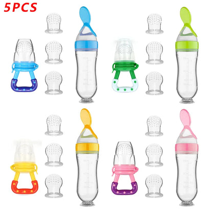 5-delat set med baby feeding bottle spoon och silikonmatningsskedar i olika färger – blå, grön, gul, rosa. Idealisk för nyfödd matträning.