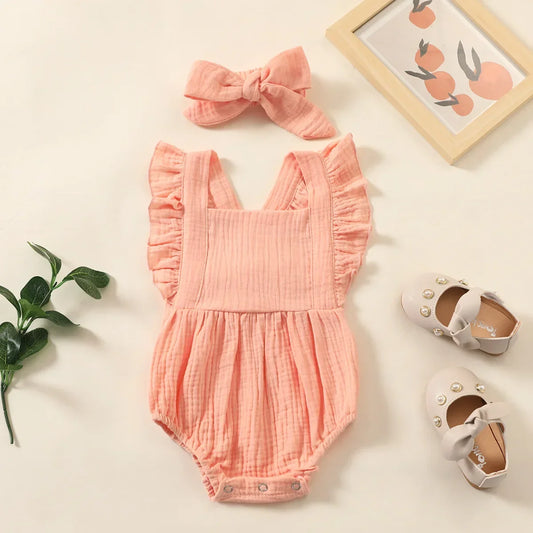 Rosa muslin baby romper och hårband - Sommar nyfödda kläder
