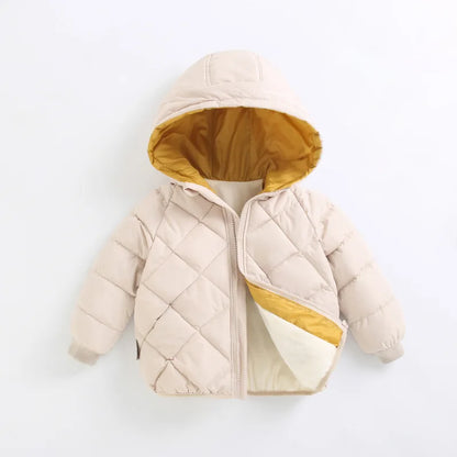 Beige quiltad barnjacka med huva, lättviktig och vadderad för vinter och vår