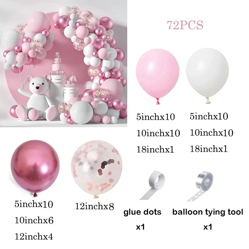 Rosa och vit ballongbåge med glänsande rosa och konfetti för babyshower
