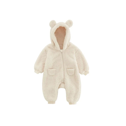 Mysig krämvit babyoverall med fleece jumpsuit med huva och öron för baby med dragkedja