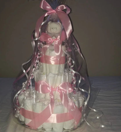 Handgjord Blöjtårta 3 våningar - Baby Rosa