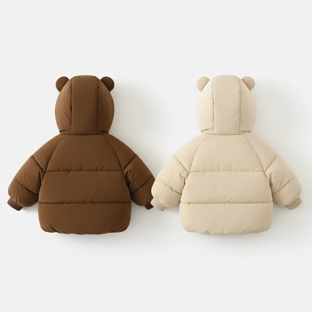 Beige Vadderad Barnjacka med Huva och Öron - Björn