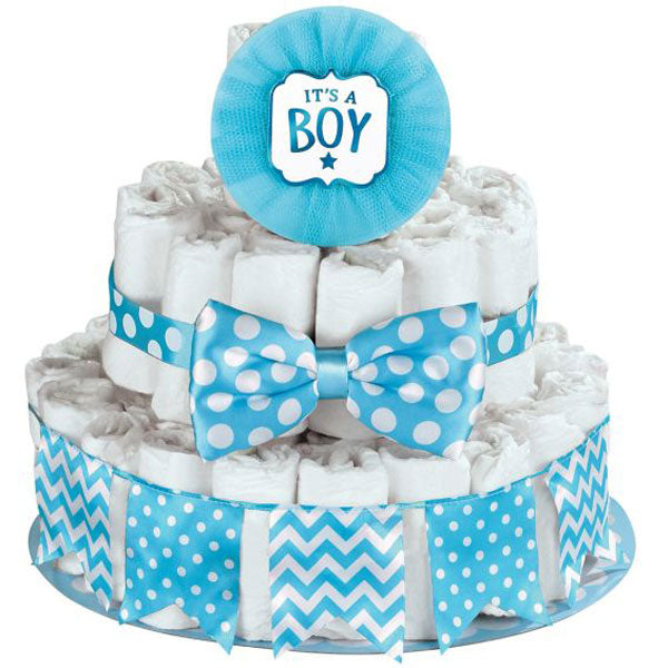 blöjtårta kit baby shower present ide diy its a boy med rosett och blå vit tema klassiker