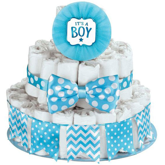 blöjtårta kit baby shower present ide diy its a boy med rosett och blå vit tema klassiker