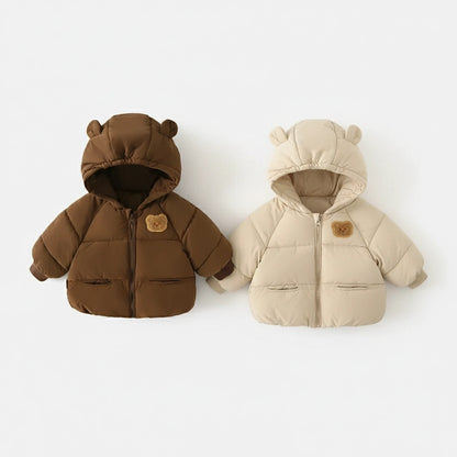 Beige Vadderad Barnjacka med Huva och Öron - Björn