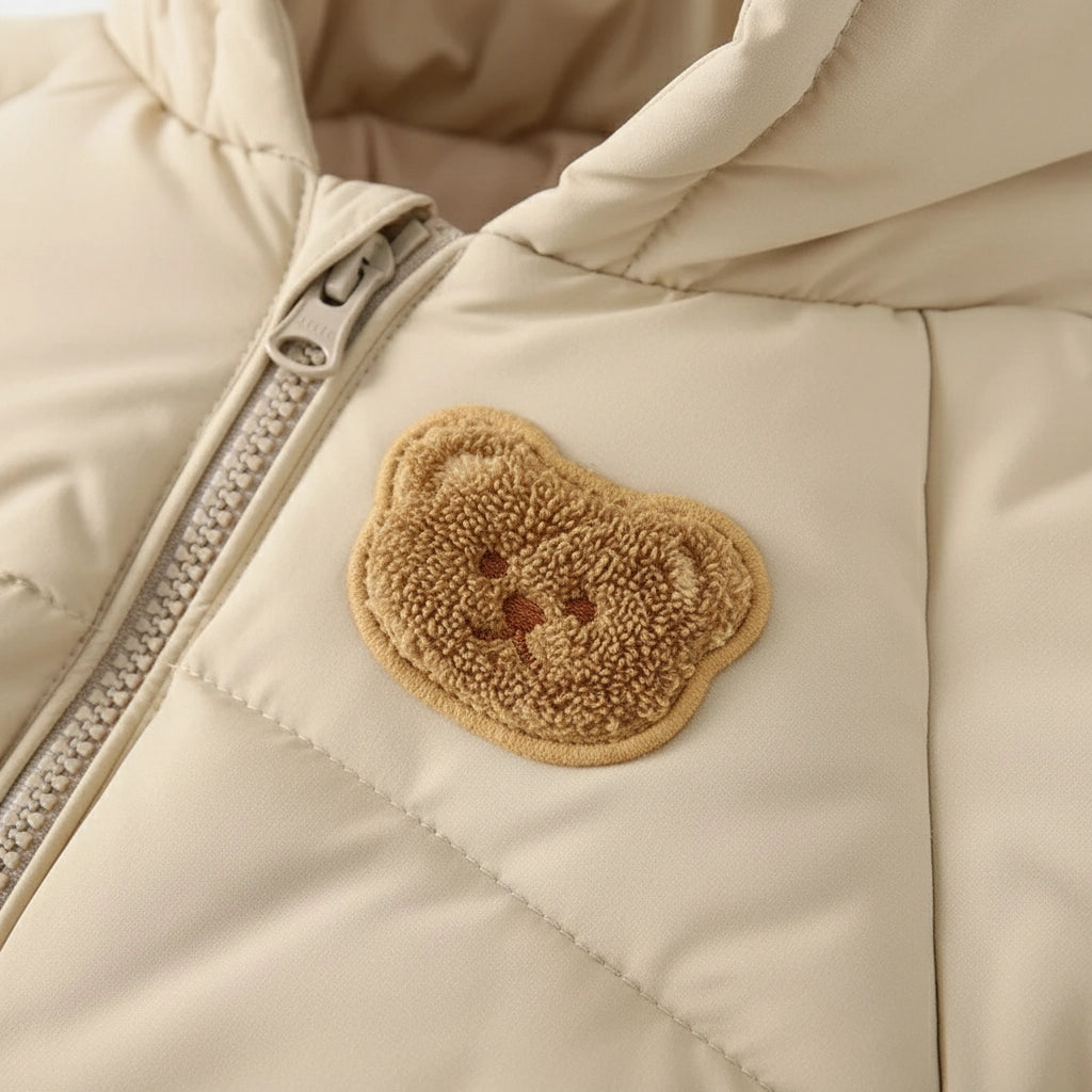 Beige Vadderad Barnjacka med Huva och Öron - Björn
