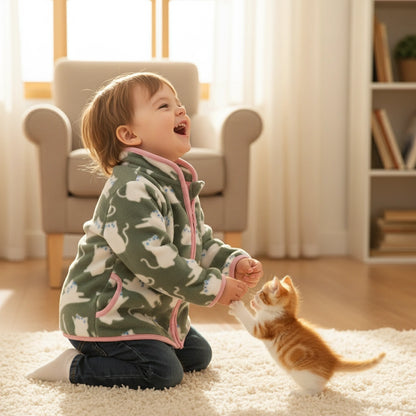 Grön Fleecejacka med Kattmotiv för Barn